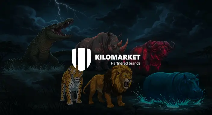 Afrofuturist anime scene of crocodile, rhino, buffalo, leopard, lion, and hippo, united for Kilomarket Partnered Brands.