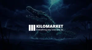 Afrofuturist anime crocodile emerging from dark waters, symbol of Kilomarket agency.