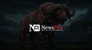Afrofuturist anime buffalo with glowing red tribal energy, representing NewsPro media power.